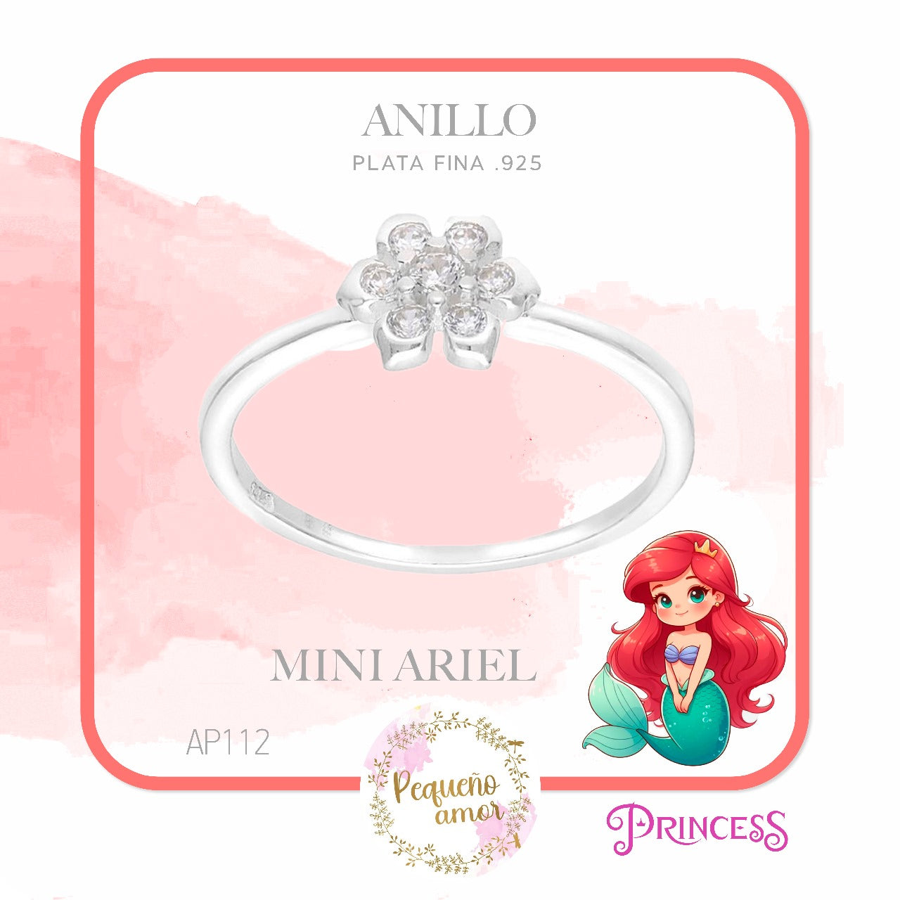 Anillo para niñas en Plata fina .925 Princesas Disney Mini Ariel Mod Ap112