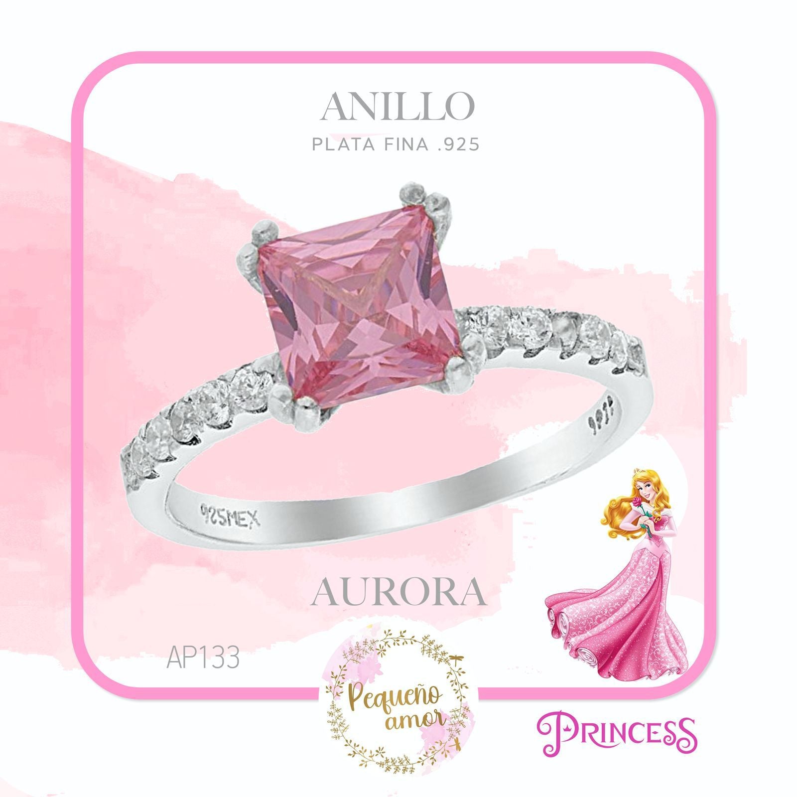 Anillo Plata Fina .925 Princesa Disney Aurora Pequeno Amor Joyeria