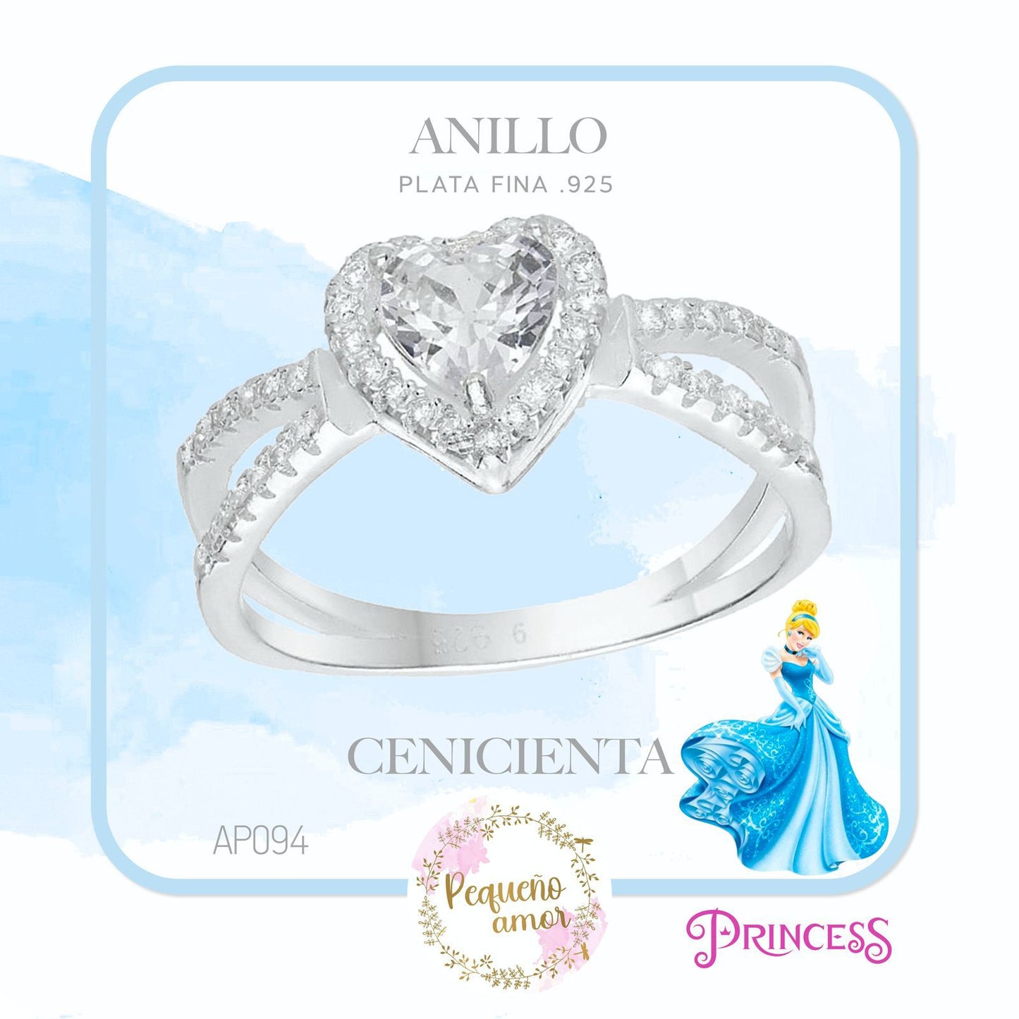 Anillo Plata Fina .925 Princesas Disney Cenicienta