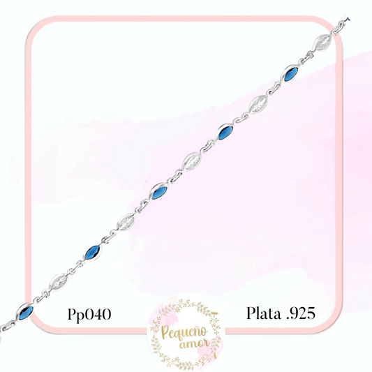 Pulsera en plata fina .925 con piedras color azul 19 cm pp040